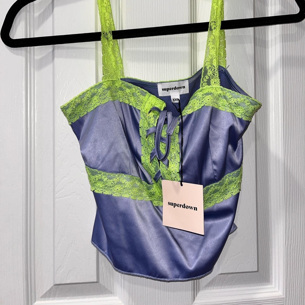 Adele Lace Up Cami Top in Blue & Green
superdown